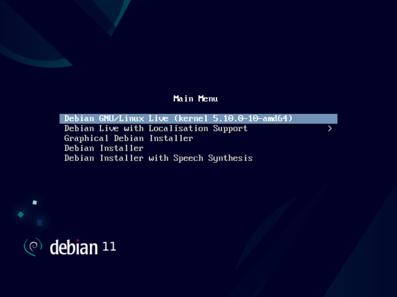 File:Debian 11 live boot menu screenshot.png
